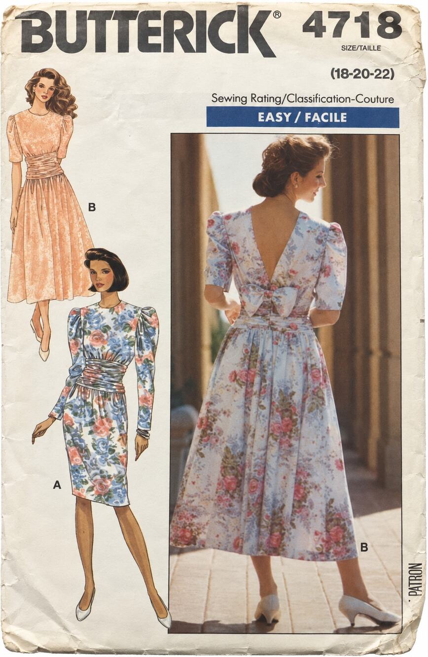 Vintage Butterick 4718 Sewing Pattern Open Back Puff Sleeve Dress 18-20-22
